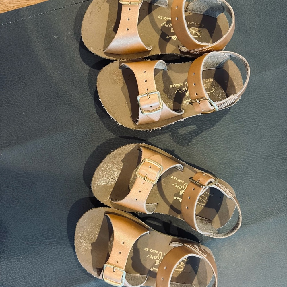 Two pair sun saltwater rose gold sandals (great for twins)!